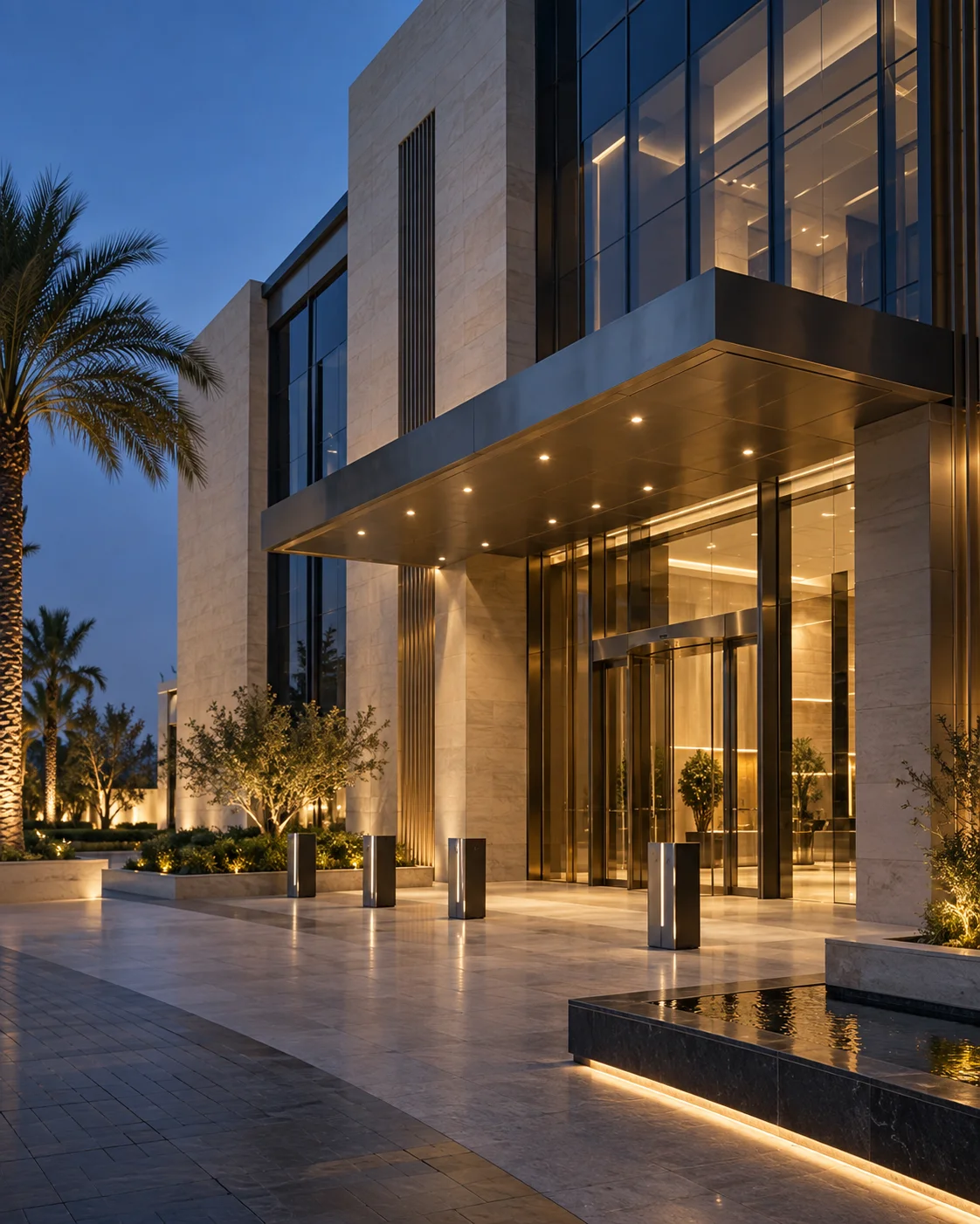 Contemporary Saudi architectural entrance at blue hour