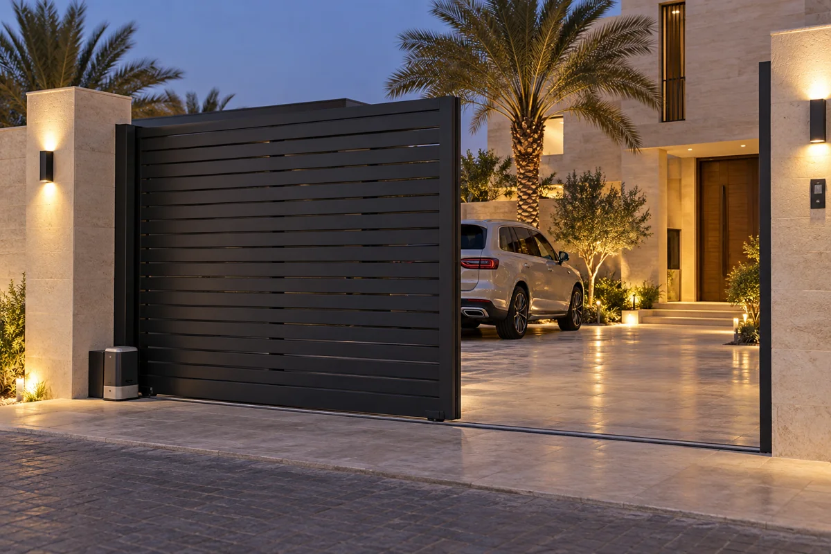 Automatic sliding gate at a modern villa entrance